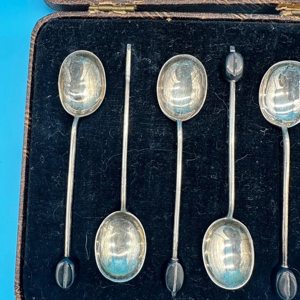 Antique Sterling Silver Coffee Bean Spoons Set Cooper Brothers Sheffield 1924‎